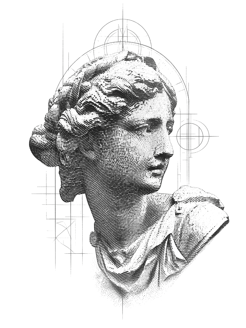 Engraved classical figure with precise drafting lines