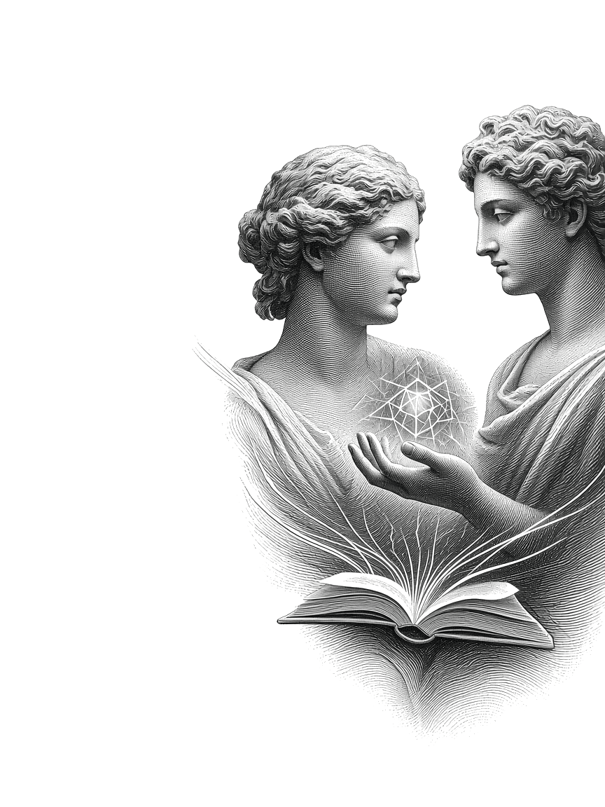Engraved figures sharing knowledge and an idea