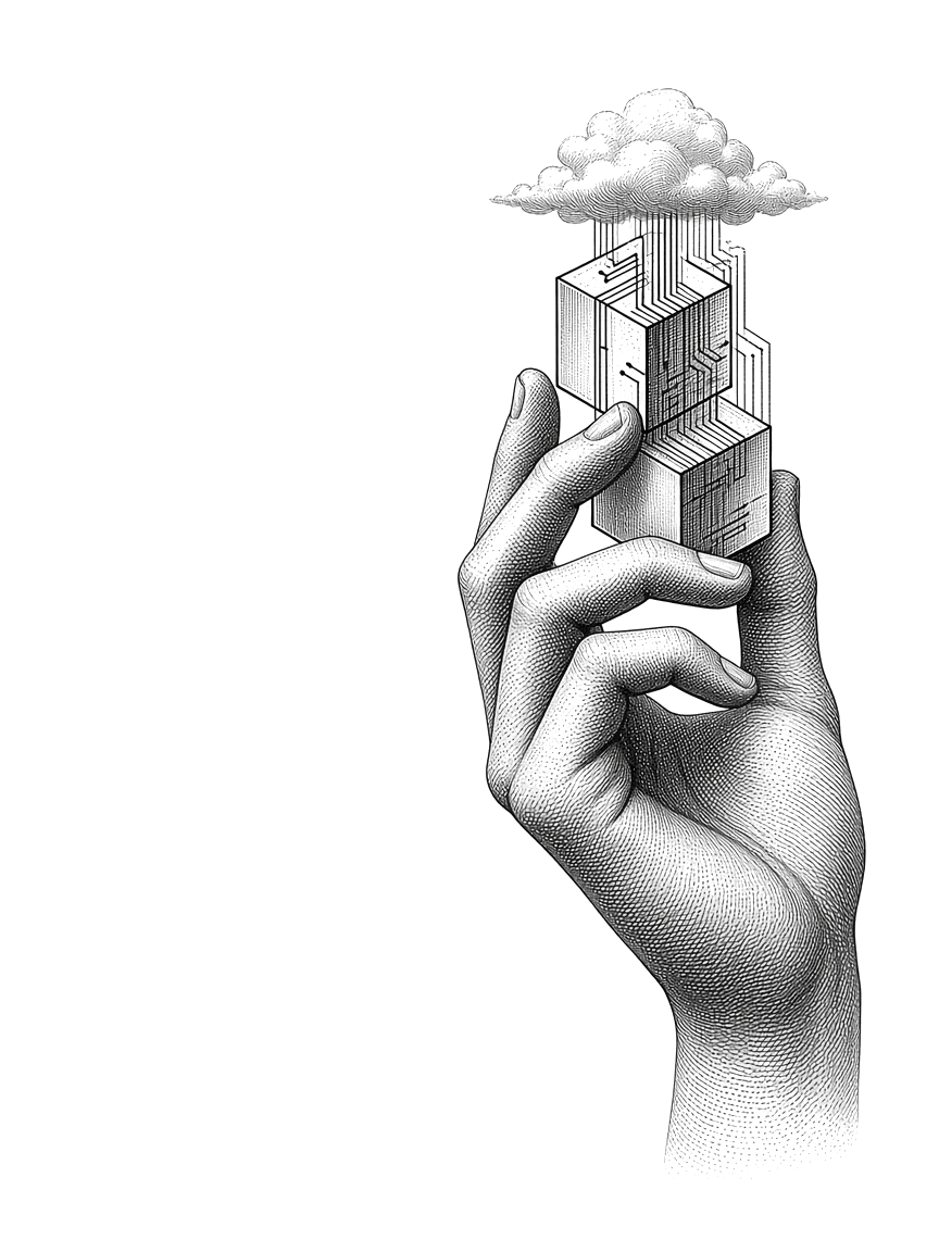 Engraved hand assembling a cloud software system