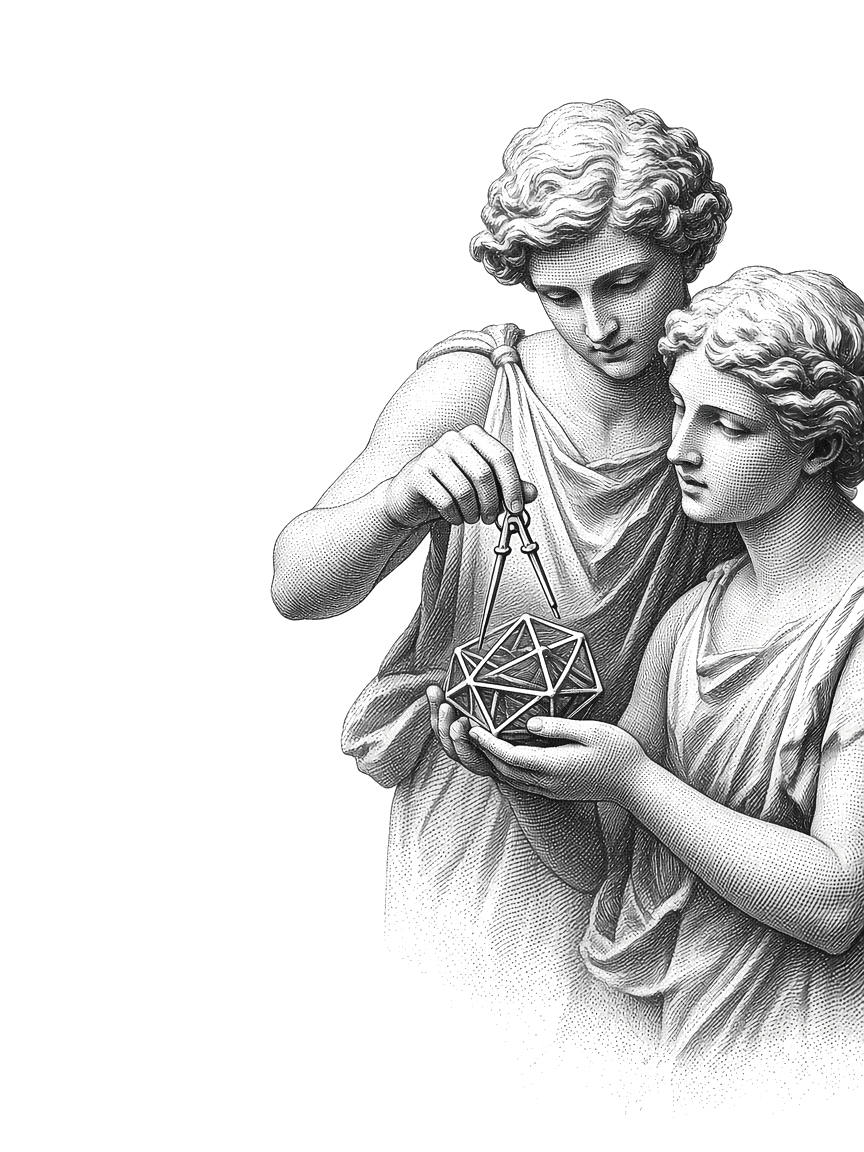 Engraved figures designing a geometric model together